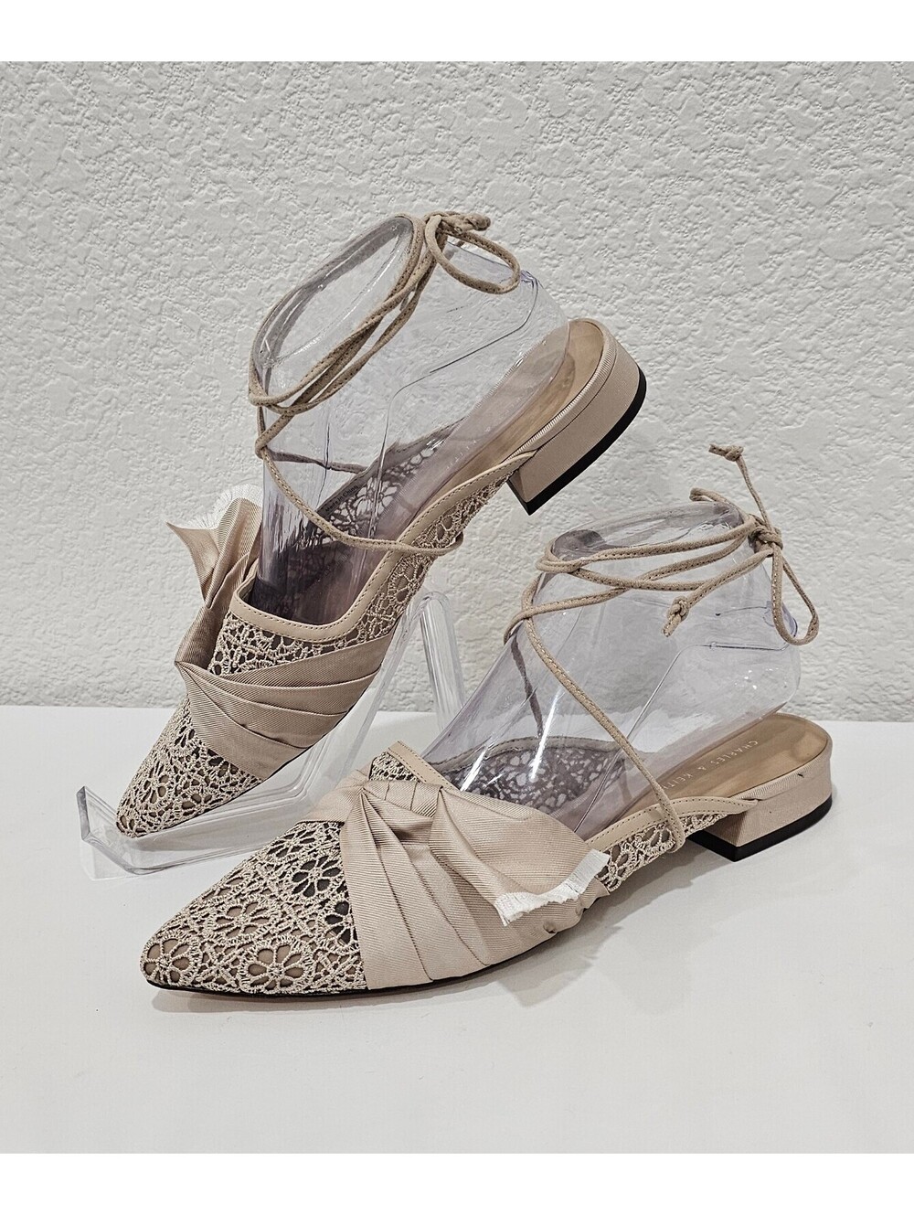 Charles & Keith Lace Bow Ankle Tie Slingback Flats Beige EU 38 US 7.5